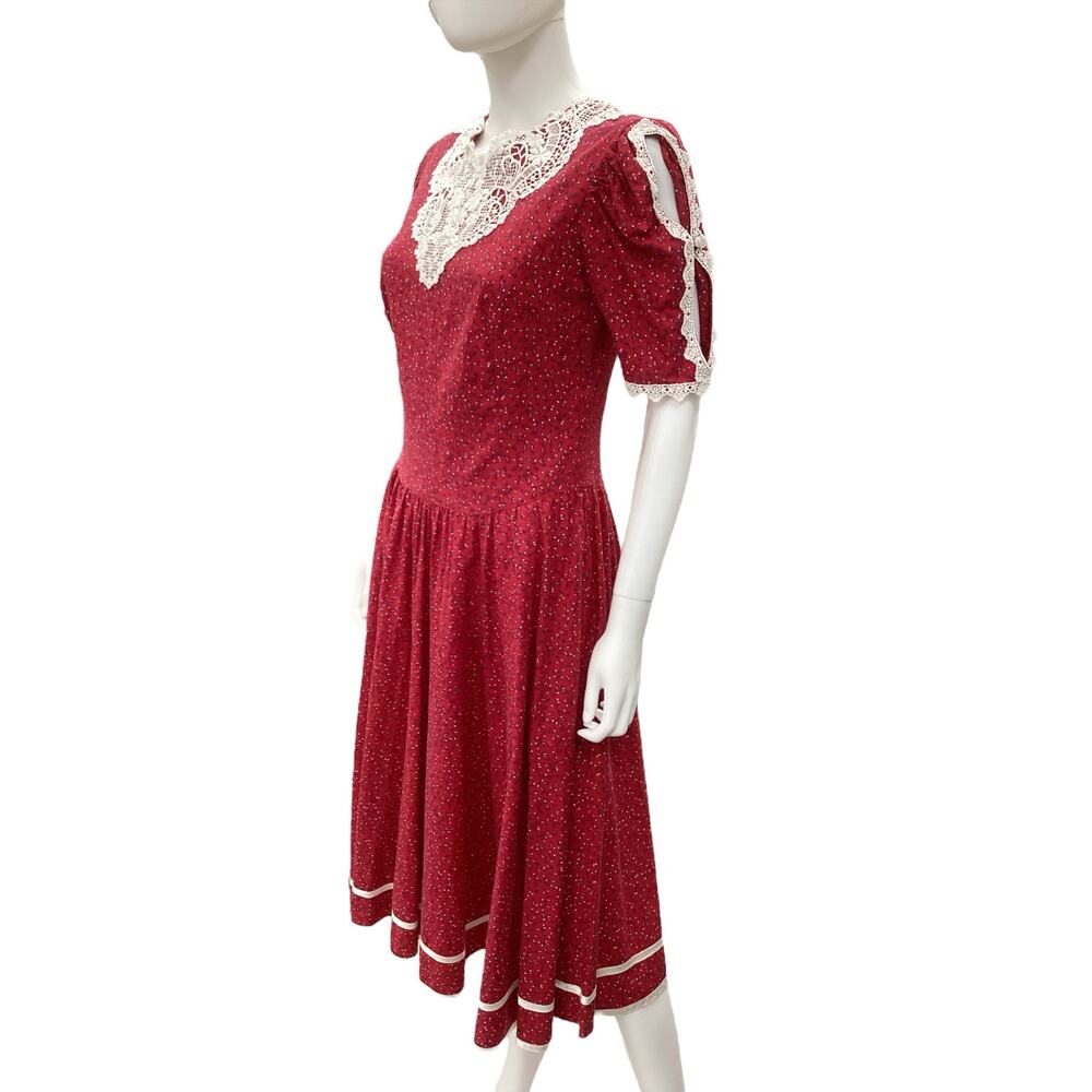 Vintage Gunne Sax Dress Women’s Size M 100% Cotton Back Buttons Lace Trim Red - Picture 2 of 7